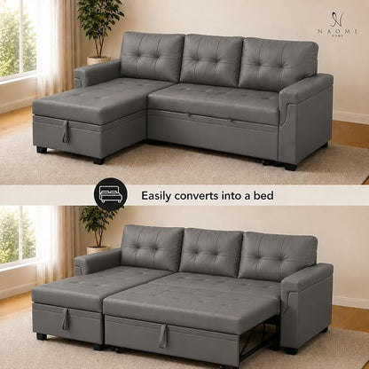 Naomi Home 84" L-Shaped Sectional Sleeper Sofa with Pull Out Bed | Sleeps Guests Comfortably, Stores Essentials in Chaise & Saves Space, Air Leather, Gray Convertible Sofa Bed