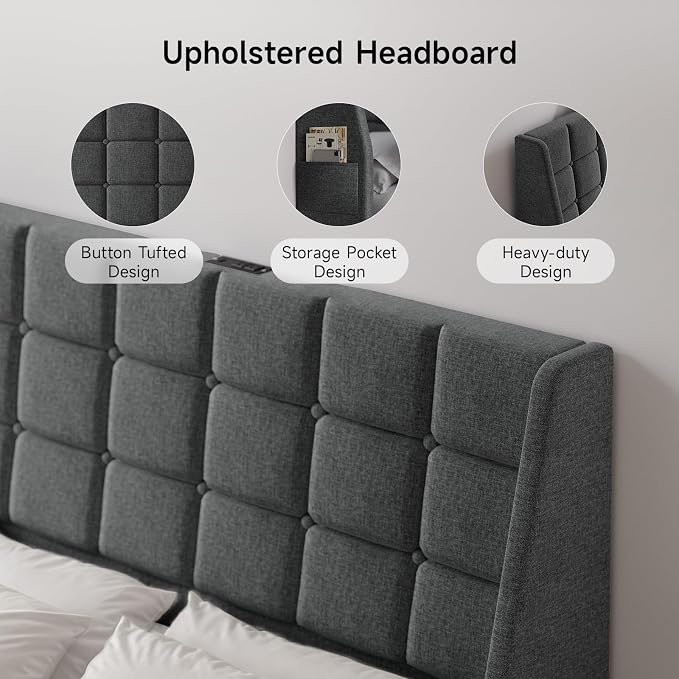 Ergonomic Upholstered Headboard Full Size w/Charging Station, Linen Wingback Headboards w/Storage Pocket, Full Headboard Only, Bed Frame Adapters, Sturdy Stable Solid Wood Bed Head Board, Dark Grey