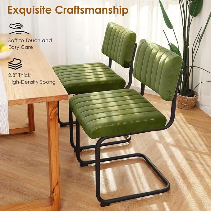 ONEVOG Mid Century Modern Dining Chairs Set of 2, Green Velvet Kitchen Chairs with Tufted Backs, Upholstered Wide Seat, Armless Cantilevered Chairs with Metal Legs for Kitchen Living Room