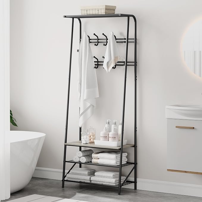 Jojoka Coat Rack Hall Tree with Shoe Storage Bench, 4-in-1 Entryway Organizer with 10 Hooks & 3-Tier Shoe Rack, Sturdy Metal Frame Freestanding Storage Unit for Hallway (Grey-Double Row, 25.2in)