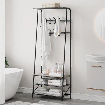 Jojoka Coat Rack Hall Tree with Shoe Storage Bench, 4-in-1 Entryway Organizer with 10 Hooks & 3-Tier Shoe Rack, Sturdy Metal Frame Freestanding Storage Unit for Hallway (Grey-Double Row, 25.2in)