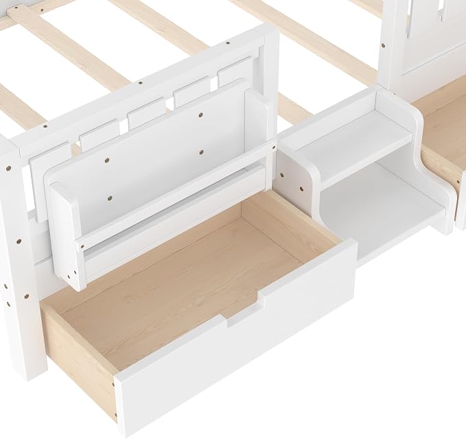 Bellemave Twin Bed with Storage Drawers & Bookshelf, Low Profile Kids Bed Frame with Staircase & Full Length Guardrails, Solid Wood Twin Bed for Kids with Slats Load 300LBS, Easy Assembly, White