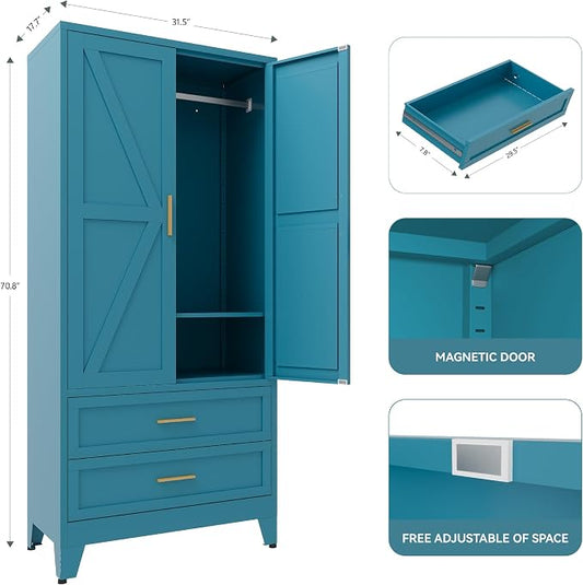 71" Tall Metal Armoire Wardrobe Closet,17.7" Deep By 31.5" Wide Portable Closet for Hanging Clothes,Wardrobe Cabinet with Drawers and Shelves for Bedroom Office Garage,Blue 1 Pack