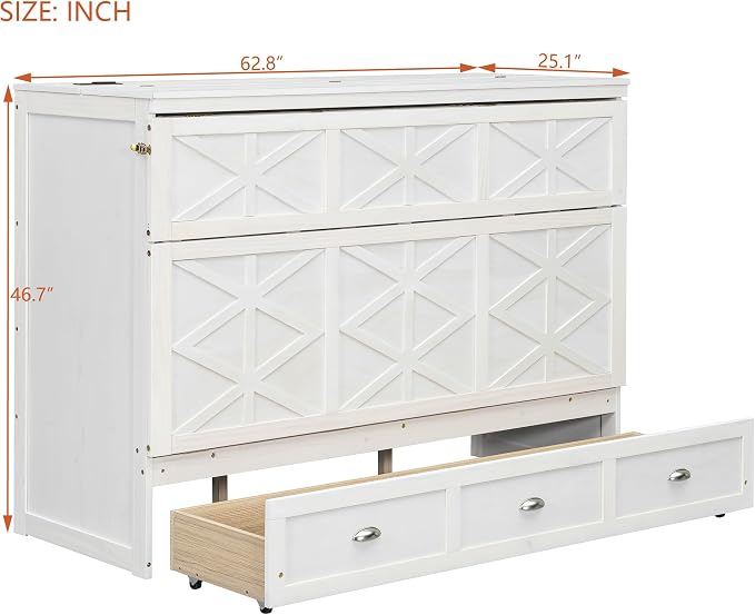 Bellemave Queen Size Murphy Bed, Cabinet Bed with Charging Station and Storage, Farmhouse Murphy Cabinet with Foldable Panel, for Bedroom,Office, Brushed White