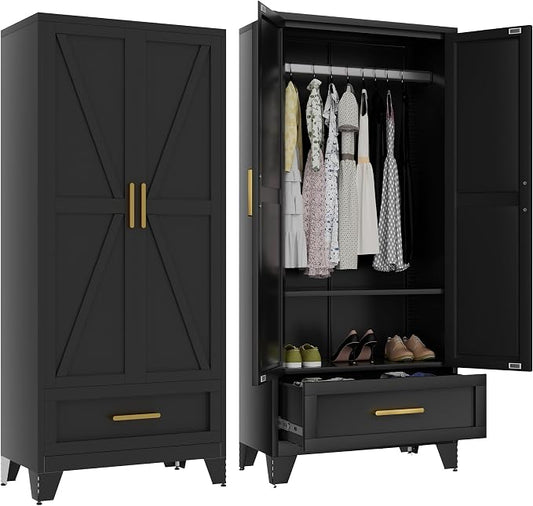 Baborokic Metal Wardrobe Cabinet,71 Armoire Wardrobe Closet with Drawers and Hanging Rod,Metal Armoire with Adjustable Shelves for Closet,Bedroom,Farmhouse Storage Cabinet with Drawer(Black)