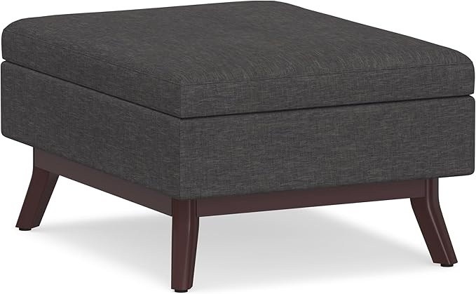 SIMPLIHOME Owen Coffee Table Storage Ottoman - 34" Wide x 19" High Upholstered Linen Look Fabric Rectangular Lift-Top Ottoman in Slate Grey, Mid-Century Modern Bench for Living Room with Tapered Legs