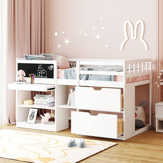 Bellemave Twin Size Low loft Bed for Kids,Wood Loft Beds,Modern Farmhouse Twin loft Bed,Loft Bed with Rolling Desk and Storage, Shelf and Drawers No Box Spring Needed,for Kids, White