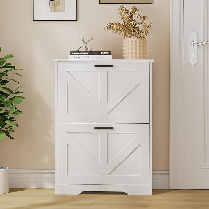 Homleke Farmhouse Shoe Cabinet for Entryway with 2 Barn-Style Flip Drawers, Narrow Shoe Storage Organizer with Top Display Shelf, Adjustable Shelves, Shoe Rack for Hallway, Closet- (White, 24" Wide)