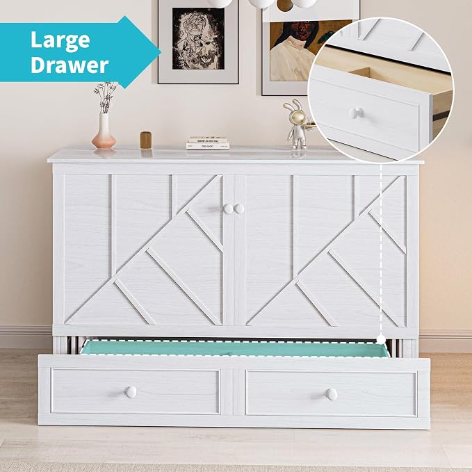 CECER White Murphy Bed Cabinet with Mattress, Space-Saving Folding Bed