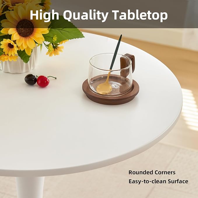 Round Dining Table, 24" Circle Tulip Table with Thickened Tabletop & Metal Pedestal, Mid Century Modern Bistro Table for Kitchen, Small Places, Living Room, Cafe (White)
