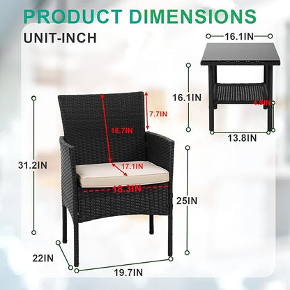 FDW 3 Pieces Patio Furniture Set Outdoor Wicker Bistro Sets Modern Rattan Chair Conversation Sets with Coffee Table for Yard Backyard Lawn Porch Poolside Balcony,Khaki Cushion