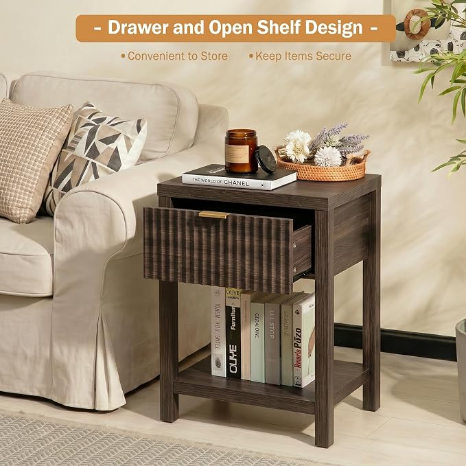 Fluted Night Stand with Golden Handle,Set of 2 Mid-Century Nightstands with Drawer,Bedside Table with Storage Shelf,Large Wood End Tables for Livingroom,Bed Side Tables for Bedroom,Walnut