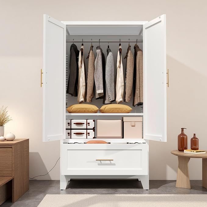 60" Tall Metal Wardrobe Cabinet with 1 Drawer and Hanging Rod, 2 Doors Wardrobe Closet with Shelf for Bedroom, Office, Laundry Room,Entryway,Foyer,Guesthouse White