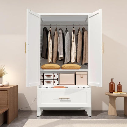 60" Tall Metal Wardrobe Cabinet with 1 Drawer and Hanging Rod, 2 Doors Wardrobe Closet with Shelf for Bedroom, Office, Laundry Room,Entryway,Foyer,Guesthouse White