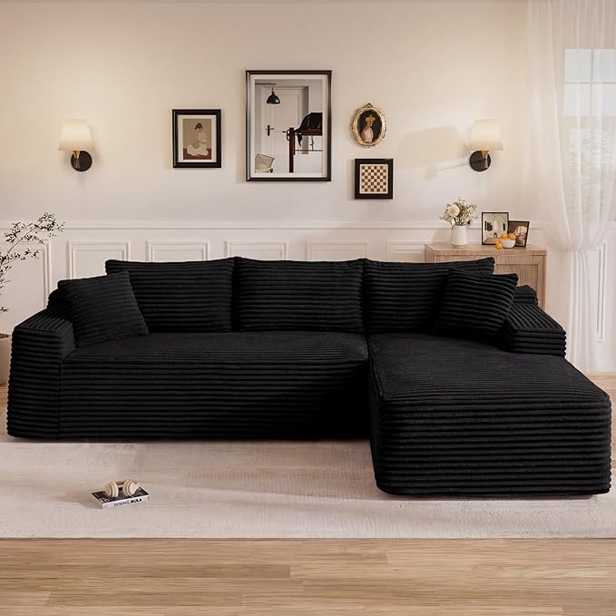 95" L Shaped Cloud Boneless Sectional Couches for Living Room, Modern Comfy Modular Deep Seat Memory Foam Compressed Corduroy Sofa Oversized Right Facing Chaise, No Assembly Required, Balck