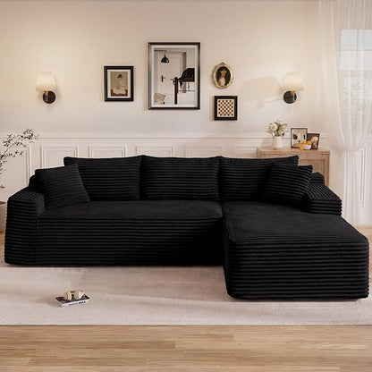 95" L Shaped Cloud Boneless Sectional Couches for Living Room, Modern Comfy Modular Deep Seat Memory Foam Compressed Corduroy Sofa Oversized Right Facing Chaise, No Assembly Required, Balck