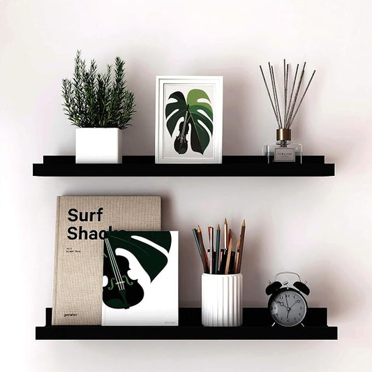 Long Floating Shelves for Wall Decor, Long Wall Mounted Storage Shelf for Bedroom, Living Room, Bathroom, Kitchen, Nursery, Display Picture Ledge Shelf with Lip Set of 2-24 Inches, Black