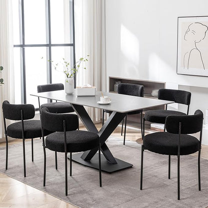 Cinxzar Black Boucle Dining Chairs Set of 6, Upholstered Dining Room Chairs with Black Metal Legs, Round Modern Dining Chair for Dining Room, Kitchen