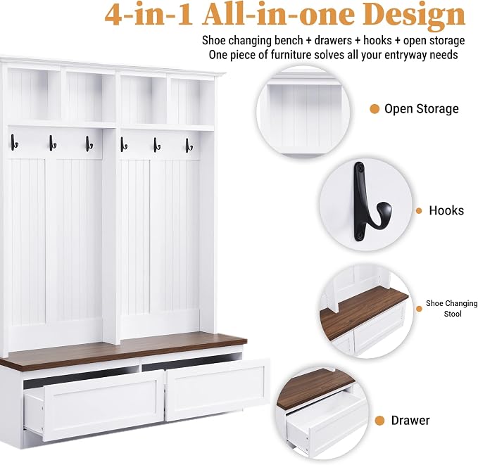 55.9" W Hall Tree with Bench and Shoe Storage,Shoe and Coat Rack with Drawer and Hooks,Farmhouse Furniture for Entryway,Mudroom,Living Room,White
