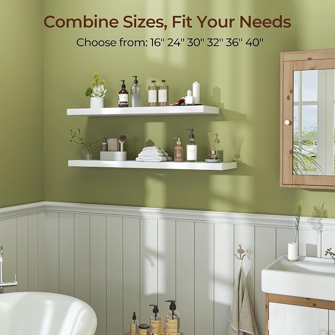 Fun Memories Floating Shelves for Wall 40 Inch Set of 3, Farmhouse Floating Shelves with Invisible Heavy Duty Bracket, 10 Inch Deep Bathroom Shelves for Storage, Living Room, Kitchen, Decor, White