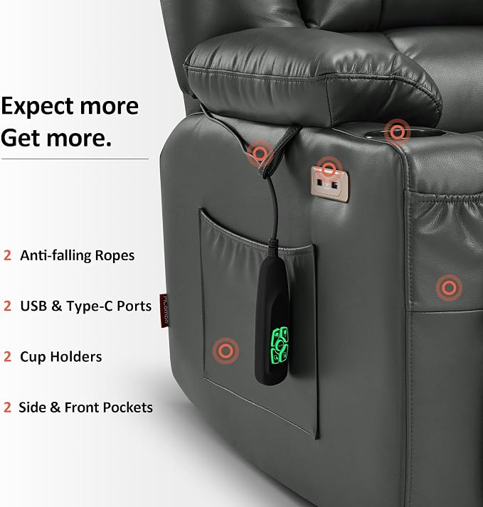 MCombo Dual Motor Power Lift Recliner Chair for Elderly, Lay Flat Lift Chair with Heat and Massage, Oversized Lift Recliner for Big and Tall, Faux Leather R7891 (Grey, Large-Wide)