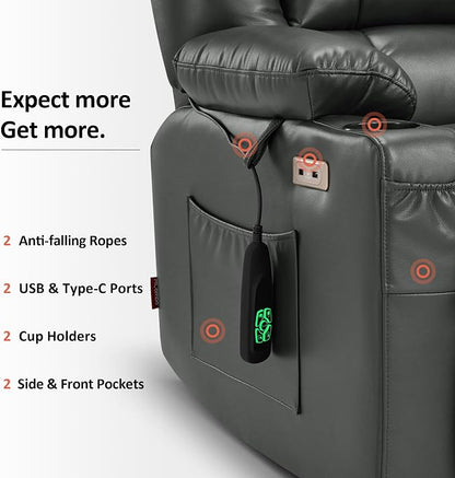 MCombo Dual Motor Power Lift Recliner Chair for Elderly, Lay Flat Lift Chair with Heat and Massage, Oversized Lift Recliner for Big and Tall, Faux Leather R7891 (Grey, Large-Wide)