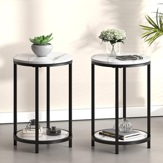 WiberWi Round Side Table Set of 2, Modern Nightstand End Table with Metal Frame &Faux Marble Top, Accent Bedside Table for Living Room Bedroom Small Spaces with Storage Open Shelf,White