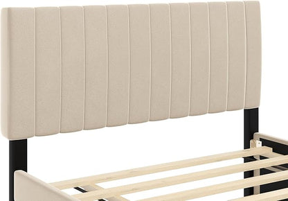 Bellemave Full Bed Frame with Trundle Bed,Velvet Upholstered Platform Bed Frame,Full Size Trundle Bed with Headboard for Kids Teens Adults,Beige