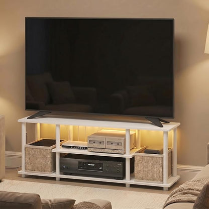 Furinno Turn-N-Tube TV Stand with LED Lights, 3-Tier No Tools 3D Entertainment Center, TV Console for TV up to 50 Inch, for Living Room, Bedroom, White