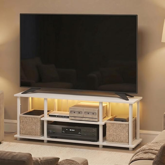 Furinno Turn-N-Tube TV Stand with LED Lights, 3-Tier No Tools 3D Entertainment Center, TV Console for TV up to 50 Inch, for Living Room, Bedroom, White