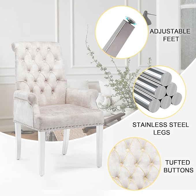 AODCHR Upholstered Velvet Accent Dining Chair, Elegant Tufted Dining Room Kitchen Room Arm Chair with Stainless Steel Leg, Beige