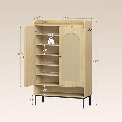 Hzuaneri Shoe Cabinet with Doors, 7-Tier Shoe Storage Cabinet with Adjustable Shelves, Wooden Shoes Organizer Cabinets with Top Storage Layer, 28-32 Pairs, for Entryway, Hallway, Rattan SR68702Y