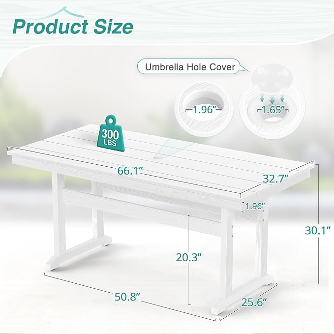 Rectangle Outdoor Dining Tables for 6, HDPS Weather Resistant Patio Dining Table, 66" Outdoor Tables with 1.96" Umbrella Hole for Porch, Balcony, Backyard, White