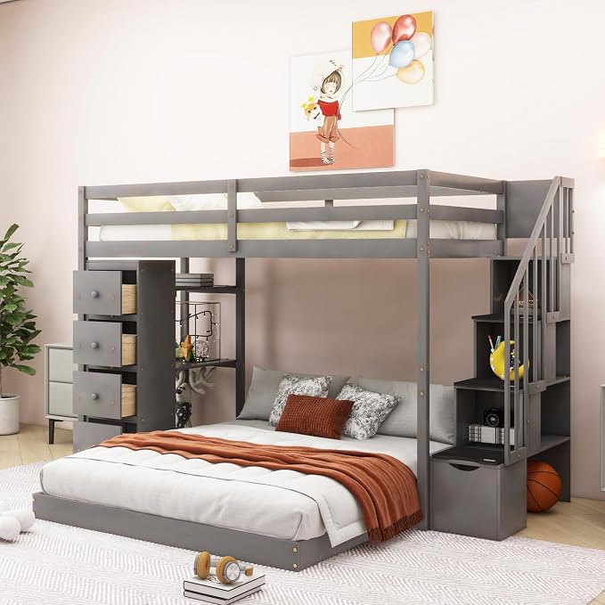 Ball & Cast Twin Over Full Bunk Bed with Safty Guardrail & Storage Stairs,Wood Bedframe W/ 3-Layer Shelves & Drawers,Easy Assembly,Space Saving,Compact Bedroom Furniture Set for Boy Girl Teens,Gray