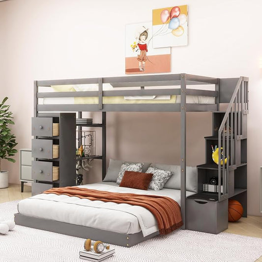 Ball & Cast Twin Over Full Bunk Bed with Safty Guardrail & Storage Stairs,Wood Bedframe W/ 3-Layer Shelves & Drawers,Easy Assembly,Space Saving,Compact Bedroom Furniture Set for Boy Girl Teens,Gray