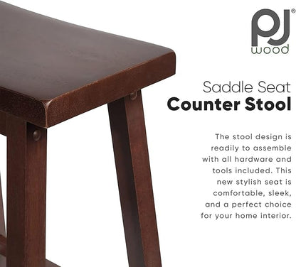 PJ Wood Classic Saddle-Seat 24'' Tall Kitchen Counter Stool for Homes, Dining Spaces, and Bars with Backless Seat, 4 Square Legs, Walnut (2 Pack)