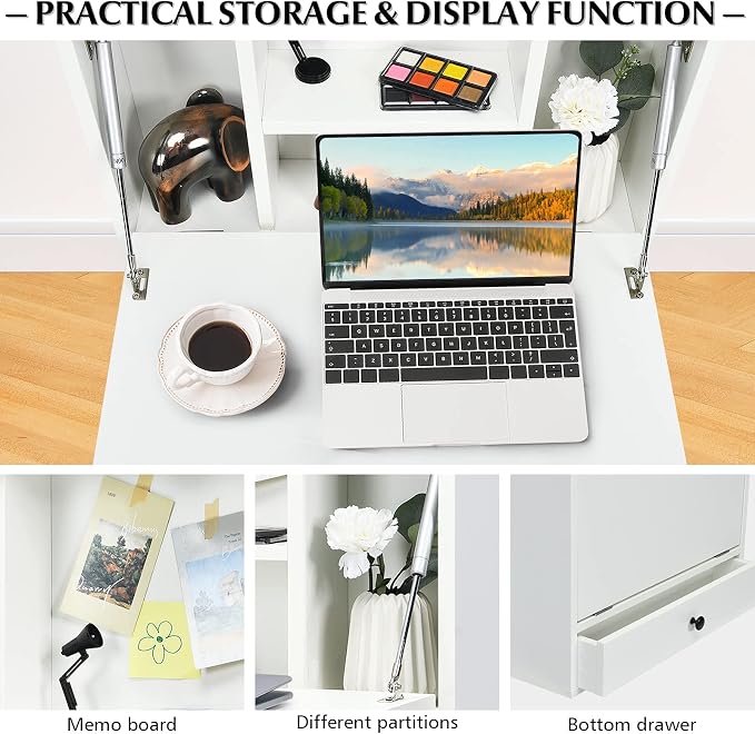 COSTWAY Wall-Mounted Computer Desk, Floating Desk with Storage Drawer & Shelves, Fold-up Desktop & Pneumatic Springs, Ideal for Home, Office, Dormitory, Small Spaces (White)