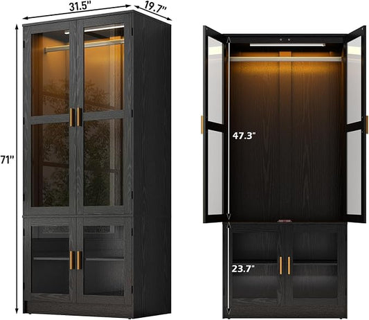 chartustriable 2 Doors Armoire Wardrobe Closet with LED,71" H Freestanding Wooden Wardrobe Closet Cabinet for Bedroom,Wooden Clothing Storage Cabinet with Hanging Rod,Closets for Bedroom(Black)