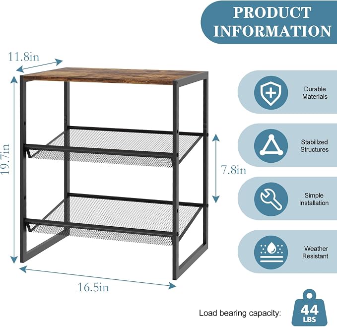 Shoe Rack for Entryway，3 Tier Shoe Storage Organizer，Sturdy Shoe Shelf,Boot Rack with a Fine Mesh Shelves，for Living Room, Hallway，Small Space,11.8 x 16.5 x 19.7 Inches,Brown
