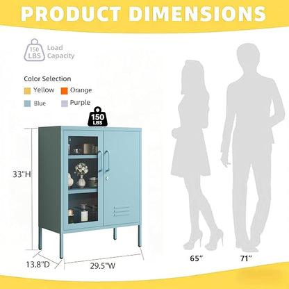 Metal Cabinet Metal Bathroom Storage Cabinet Metal Storage Cabinets with Glass Door and Adjustable Shelves Cabinet Storage for Coffee Bar for Homes, Living Rooms and Offices Blue 33''H
