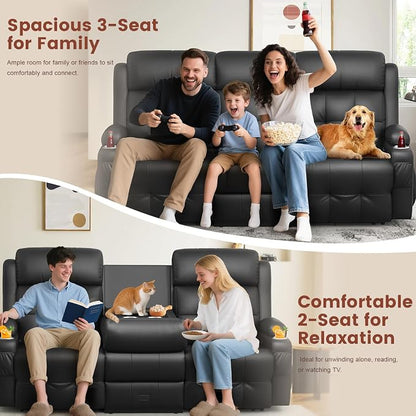 Loveseat Recliner, 3 Seater Massage Reclining Sofa Sets Heavy Weight Capacity, RV Loveseat Couch Clearance with Drop Down Table, Storage, Cup Holders, Wall Hugger Reclining Couch for Living Room