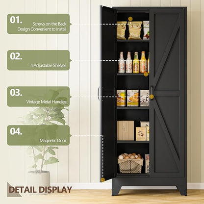 RAVIGIN Farmhouse Storage Cabinet,72" H Metal Pantry Cabinet with Barn Doors and Adjustable Shelves,72" H 6-Tier Rustic Pantry Organizers for Kitchen,Dining Room,Black