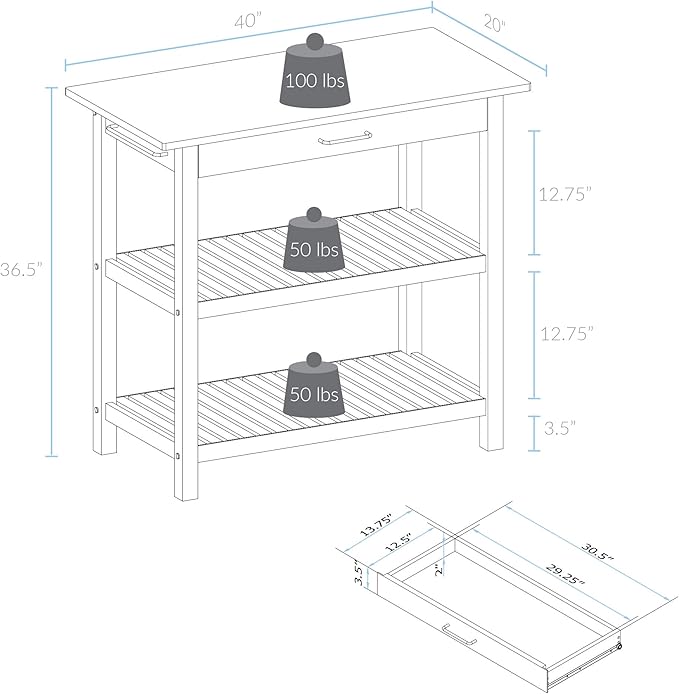 Casual Home Kitchen Island with Solid American Hardwood Top, Natural/White, 40" W (373-91)