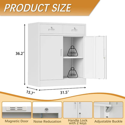 Locking Storage Cabinet, 36" H Metal Storage Cabinet, Metal Garage Storage Cabinet for Home, School, Office, Garage, White
