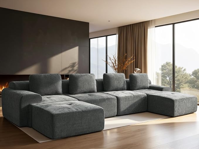 159" U-Shaped Modular Sectional Sofa, Oversized Boneless Cloud Couch for Living Room with Extra Deep Seat & High Back, Tool-Free No Assembly, Soft Chenille (Dark Grey, 159 inch-U Shaped（4+2）)