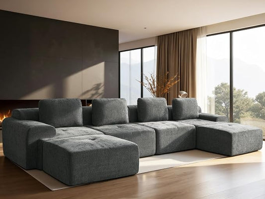 159" U-Shaped Modular Sectional Sofa, Oversized Boneless Cloud Couch for Living Room with Extra Deep Seat & High Back, Tool-Free No Assembly, Soft Chenille (Dark Grey, 159 inch-U Shaped（4+2）)