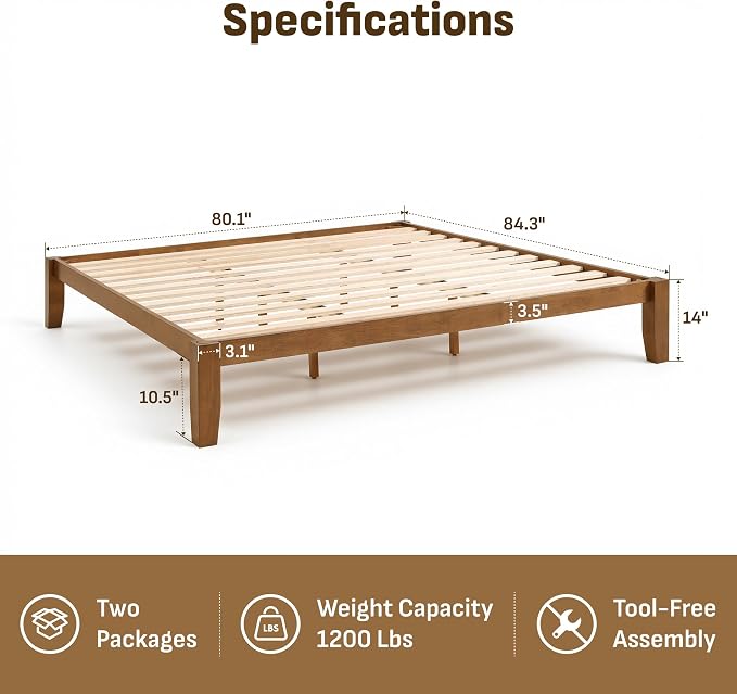 Softa Mikor King Japanese Joinery Bed Frame, Solid Rubberwood, 1500 Lbs Heavy Duty Slats Support, SGS Certified, 15Min No-Tool Setup, Under-Bed Storage, No Box Spring Needed, Noise-Free
