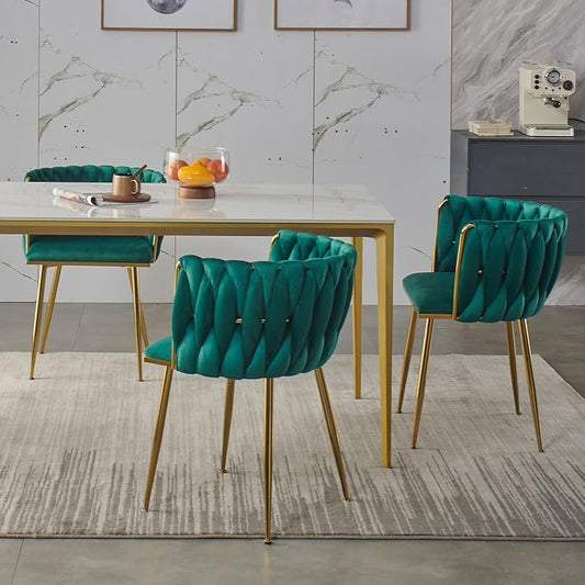 Velvet Dining Chairs Set of 4, Modern Upholstered Dining Room Chairs with Golden Metal Legs and Woven Backrest for Dining Room, Kitchen, Vanity, Living Room (Green)