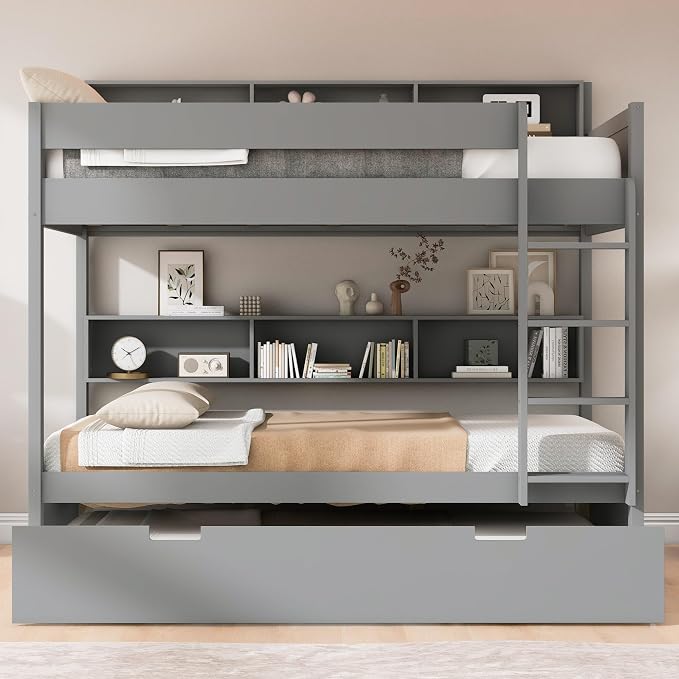Harper & Bright Designs Rustic Wood Bunk Bed with Pull-Out Trundle, Full Over Full Wooden Bunk Bed with Large Cabinet Beside Upper and Down Bed, Gray
