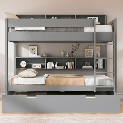 Harper & Bright Designs Rustic Wood Bunk Bed with Pull-Out Trundle, Full Over Full Wooden Bunk Bed with Large Cabinet Beside Upper and Down Bed, Gray
